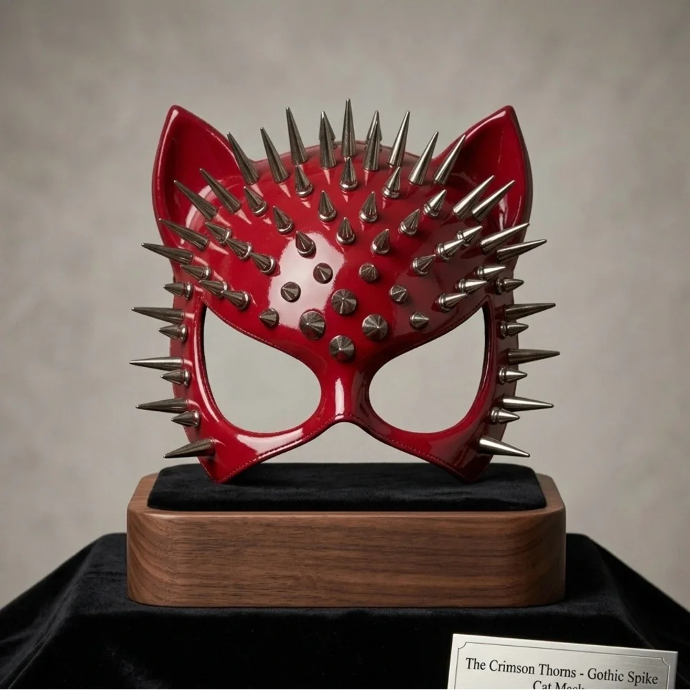 Gothic Spike Catwoman Mask - Dark Red Patent Leather & Spiked Cat Ears
